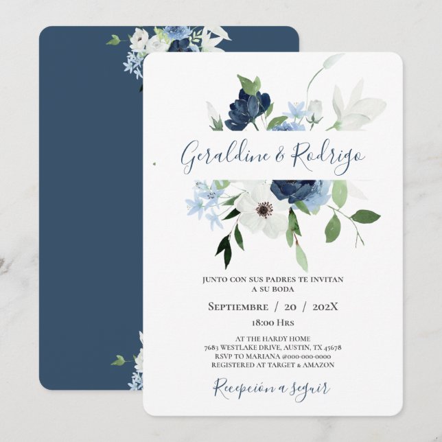 Hochzeit von Navy Blue Floral Spanish Einladung (Vorne/Hinten)