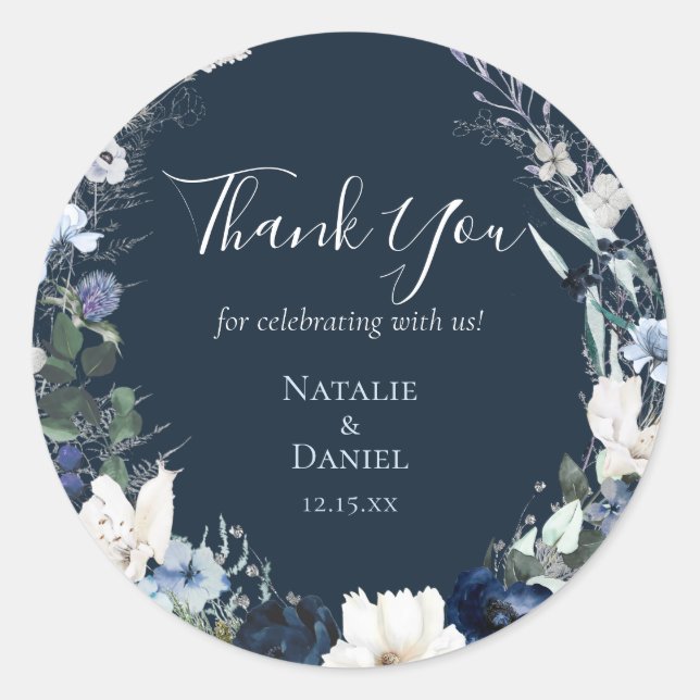 Hochzeit von Navy Blue Floral Vielen Dank Runder Aufkleber (Vorderseite)