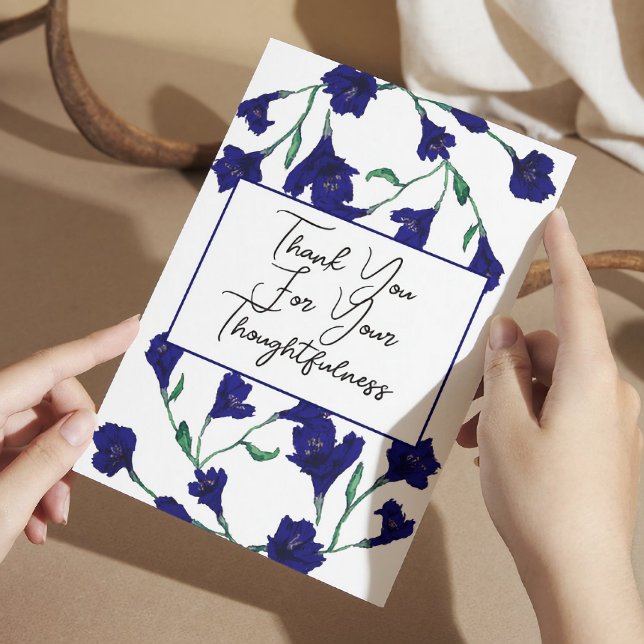 Hochzeit von Navy Blue Floral Water Dankeskarte (Von Creator hochgeladen)