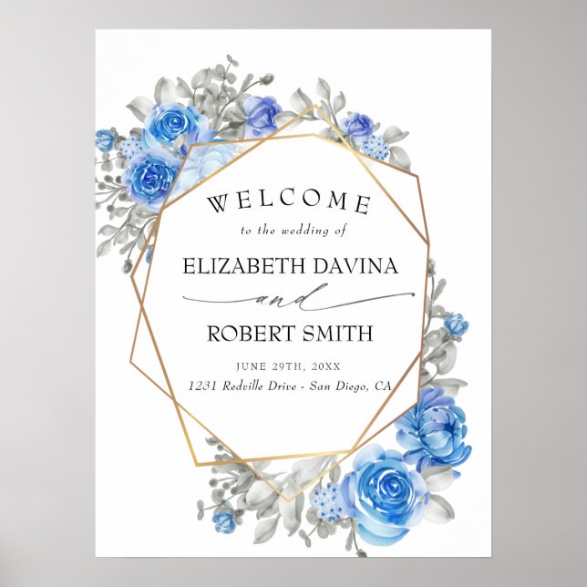 Hochzeit von Navy Blue Floral Water Poster (Vorne)