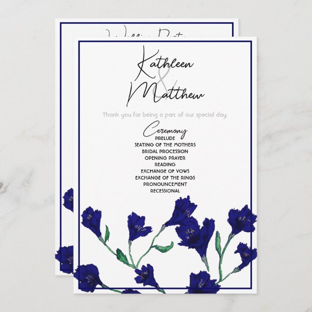 Hochzeit von Navy Blue Floral Water Programm (Vorne/Hinten)