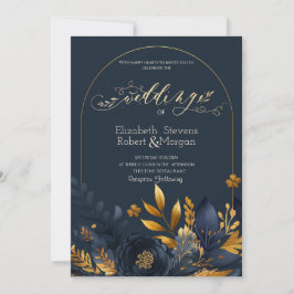 Hochzeit von Navy Blue Flowers Gold Blätter Einladung