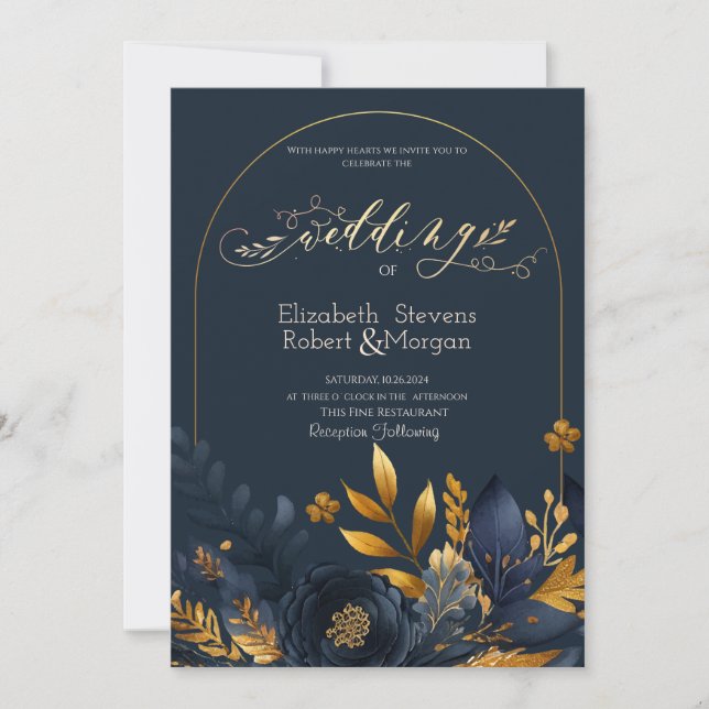 Hochzeit von Navy Blue Flowers Gold Blätter Einladung (Vorderseite)