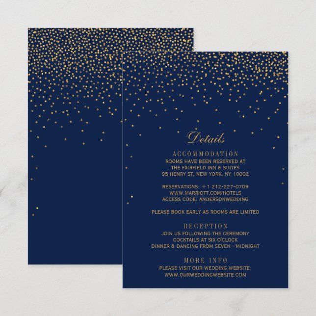 Hochzeit von Navy Blue & Glam Gold Confetti Begleitkarte (Vorne/Hinten)