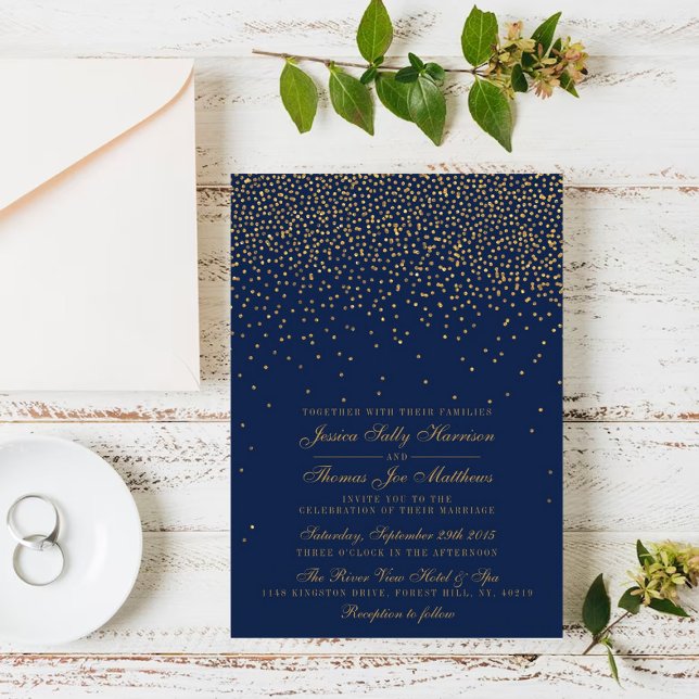 Hochzeit von Navy Blue & Glam Gold Confetti Einladung (Von Creator hochgeladen)