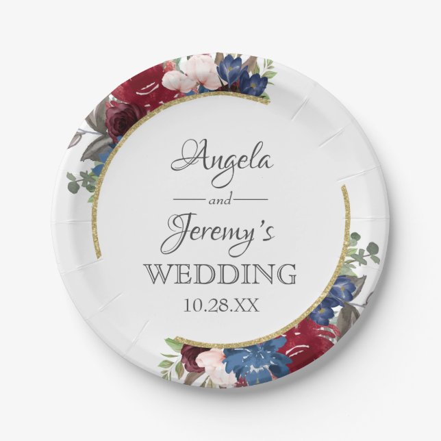 Hochzeit von Navy Blue Gold Burgundy Red Blush Pappteller (Vorderseite)