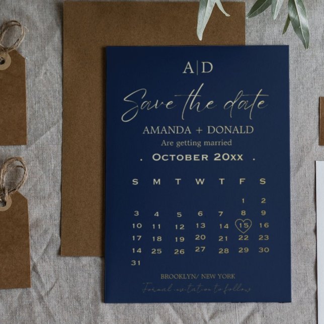 Hochzeit von Navy Blue & Gold Calendar Speichern S Folieneinladung (Von Creator hochgeladen)