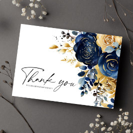 Hochzeit von Navy Blue Gold Floral Dankeskarte