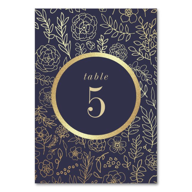 Hochzeit von Navy Blue, Gold Floral Tischnummer (Rückseite)