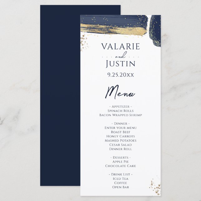 Hochzeit von Navy Blue Gold Menükarte (Vorne/Hinten)