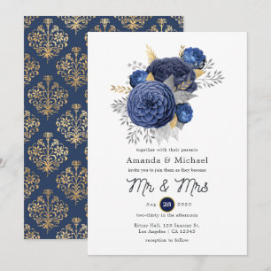 Hochzeit von Navy Blue, Gold und Silver Floral Einladung