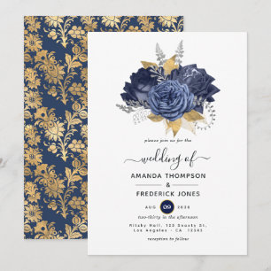 Hochzeit von Navy Blue, Gold und Silver Floral Einladung