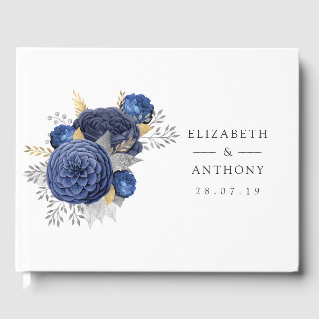 Hochzeit von Navy Blue, Gold und Silver Floral Gästebuch (Vorderseite)