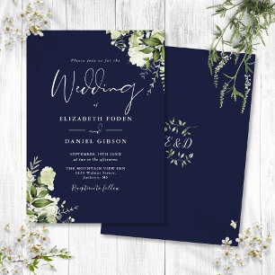 Hochzeit von Navy Blue Greenery Blätter Monogram Einladung