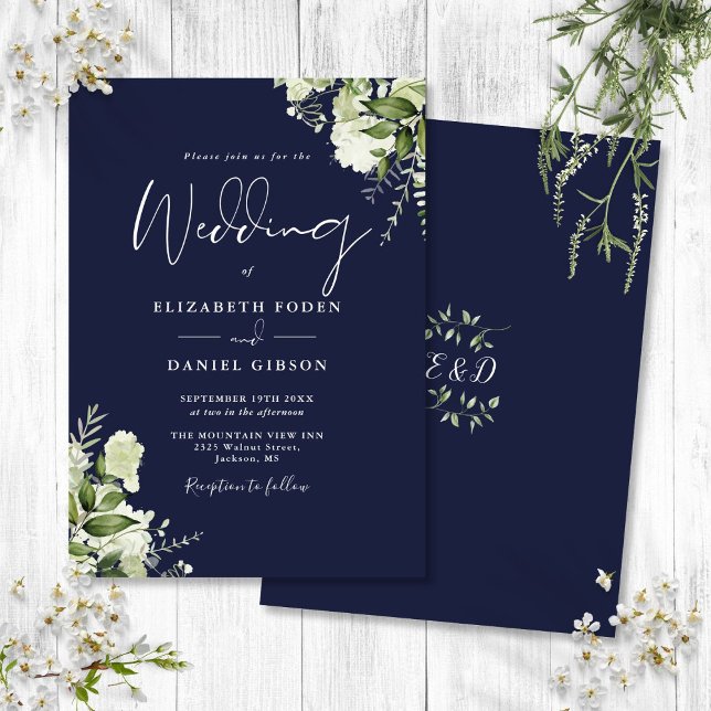 Hochzeit von Navy Blue Greenery Blätter Monogram Einladung (Navy Blue Greenery Leaves Monogram Wedding Invitation)
