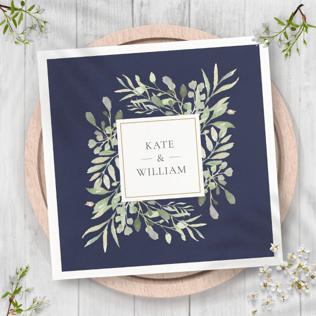 Hochzeit von Navy Blue Greenery Watercolor Serviette (Navy Blue Greenery Watercolor Wedding Napkins)