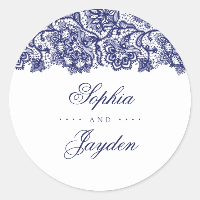 Hochzeit von Navy Blue Lace Runder Aufkleber (Vorderseite)