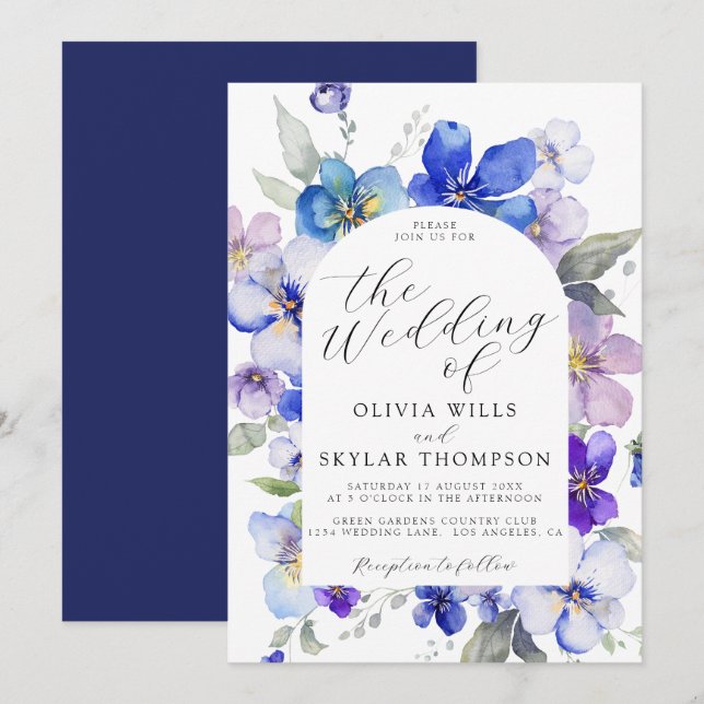 Hochzeit von Navy Blue Lila Mauve Pink Blume Einladung (Vorne/Hinten)