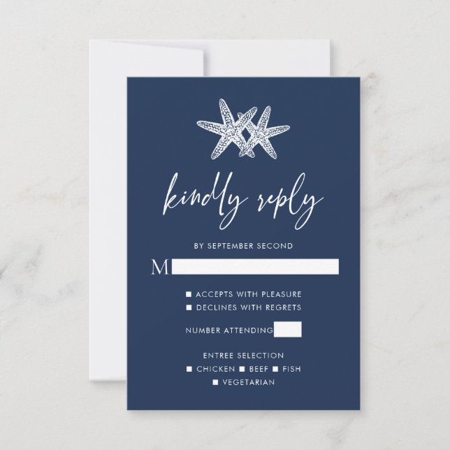 Hochzeit von Navy Blue Modern Beach Starfish RSVP Karte (Vorderseite)