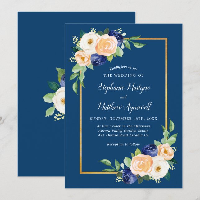 Hochzeit von Navy Blue Modern Floral Coral Einladung (Vorne/Hinten)