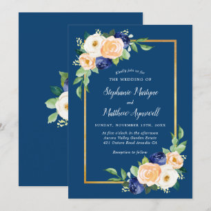 Hochzeit von Navy Blue Modern Floral Coral Einladung