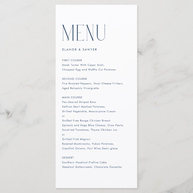 Hochzeit von Navy Blue Modern Minimalistisch Typog Menükarte (Vorderseite)
