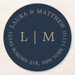 Hochzeit von Navy Blue Monogram Runder Pappuntersetzer