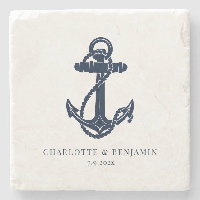 Hochzeit von Navy Blue Nautical Anchor Coastal Steinuntersetzer (Vorderseite)
