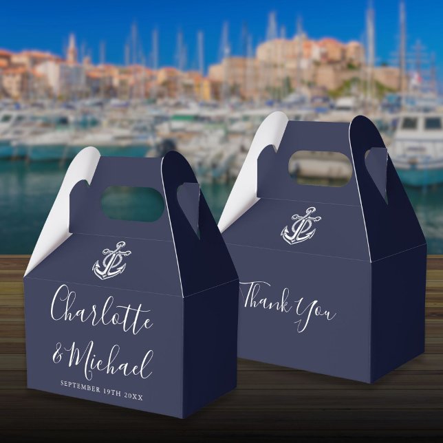 Hochzeit von Navy Blue Nautical Signature Script Geschenkschachtel (Navy Blue Nautical Signature Script Wedding Favor Boxes)