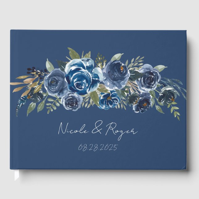 Hochzeit von Navy Blue Painted Peony Blume Gästebuch (Vorderseite)