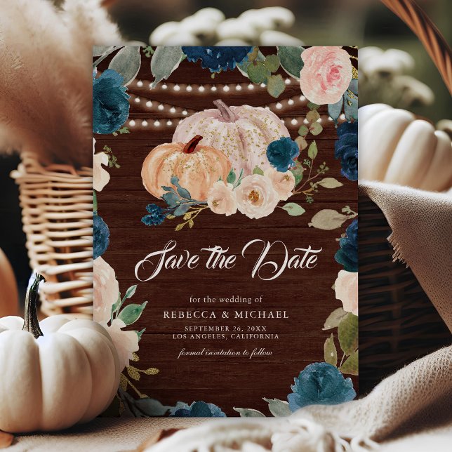 Hochzeit von Navy Blue Peach Floral Pumpkin Wood Save The Date (Von Creator hochgeladen)