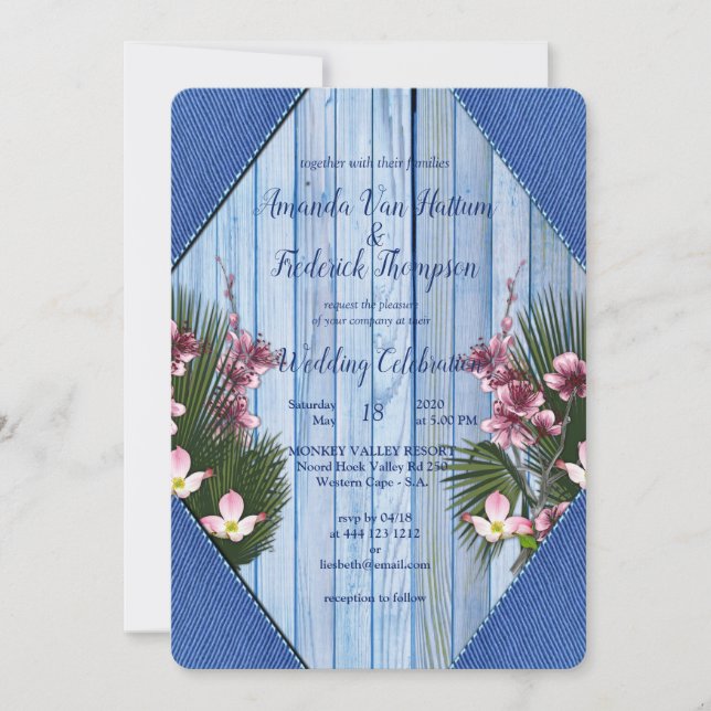Hochzeit von Navy - Blue & Pink-Blume Einladung (Vorderseite)