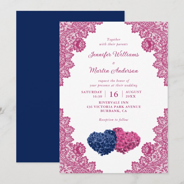 Hochzeit von Navy Blue Pink Floral Lace Hydrangea Einladung (Vorne/Hinten)
