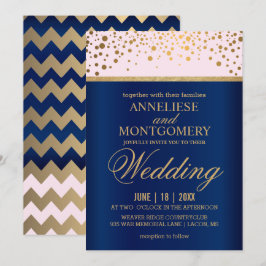 Hochzeit von Navy Blue, Pink und Gold Confetti Einladung