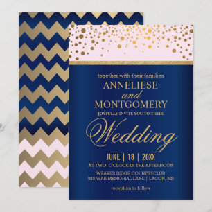 Hochzeit von Navy Blue, Pink und Gold Confetti Einladung