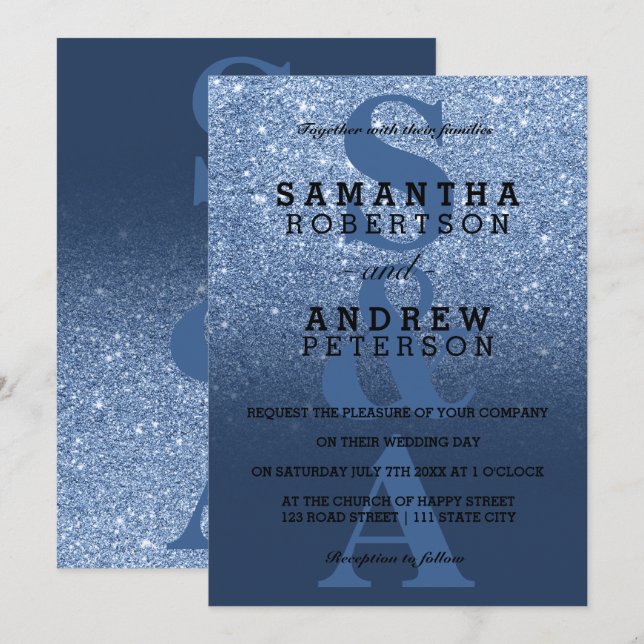 Hochzeit von Navy Blue Pony Glitzer ombre monogram Einladung (Vorne/Hinten)