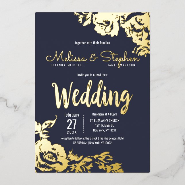 Hochzeit von Navy Blue Real Gold Floral Folieneinladung (Vorderseite)
