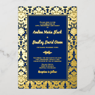 Hochzeit von Navy Blue Real Gold Foil Damask Folieneinladung