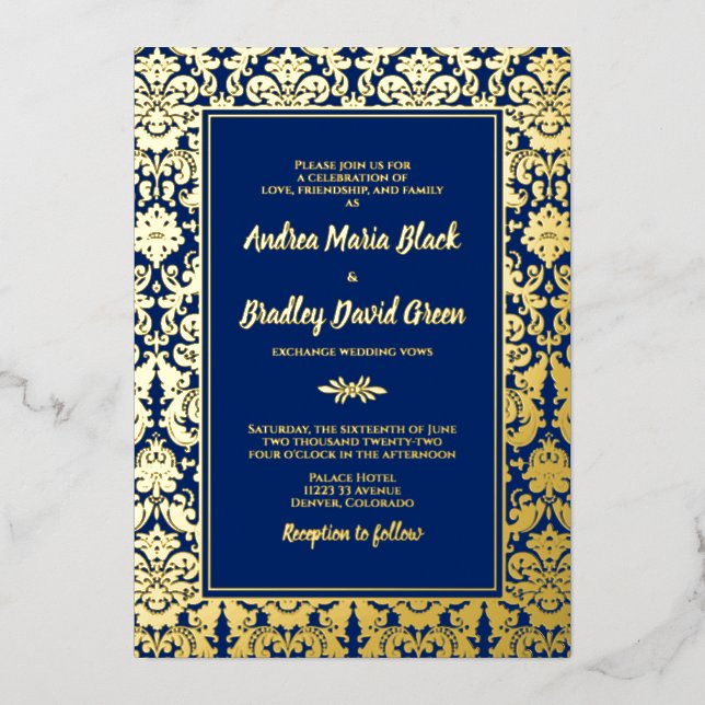 Hochzeit von Navy Blue Real Gold Foil Damask Folieneinladung (Vorderseite)