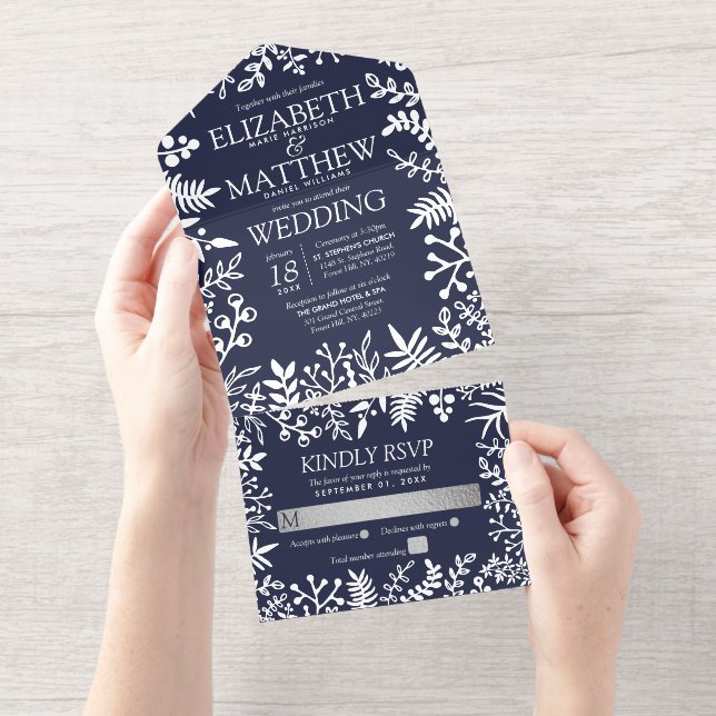 Hochzeit von Navy Blue & Real Silver Foil Floral All-in-One-Einladung (Abreißstreifen)