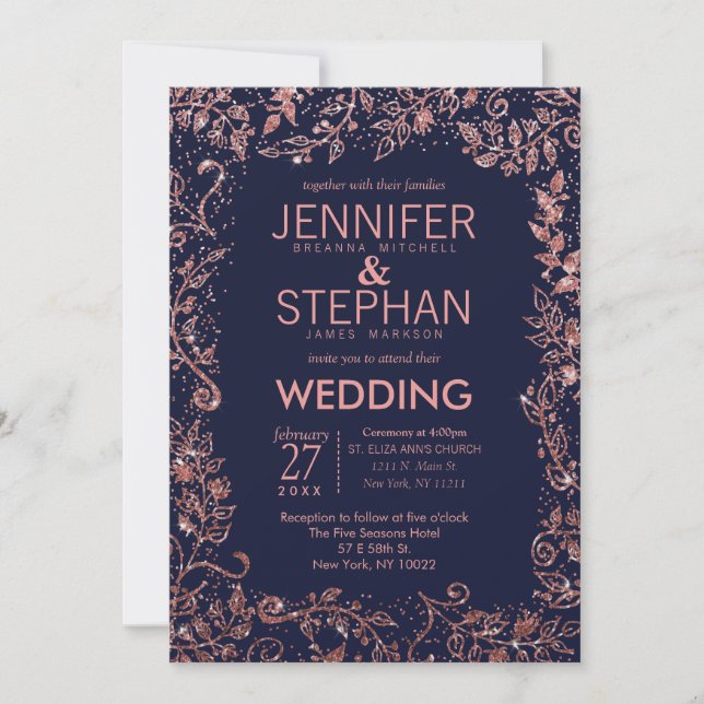 Hochzeit von Navy Blue Rose Gold Floral Glitzer Einladung (Vorderseite)