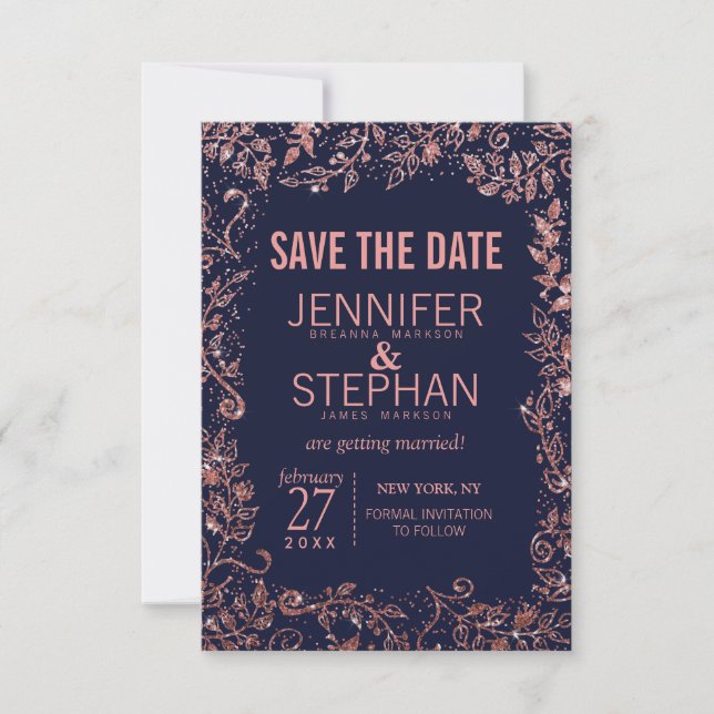Hochzeit von Navy Blue Rose Gold Floral Glitzer Save The Date (Vorderseite)