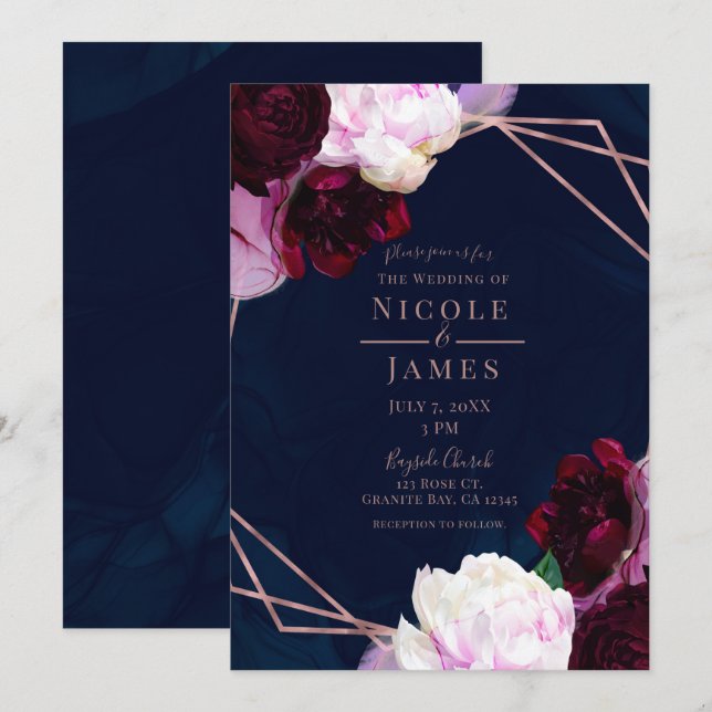 Hochzeit von Navy Blue Rose Gold Floral Modern Gla Einladung (Vorne/Hinten)