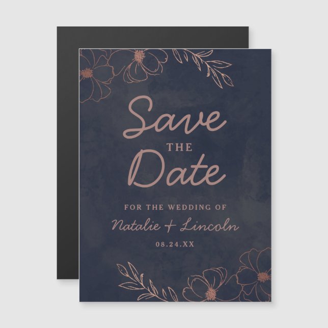 Hochzeit von Navy Blue & Rose Gold Foil speichern  Magneteinladung (Vorne/Hinten)