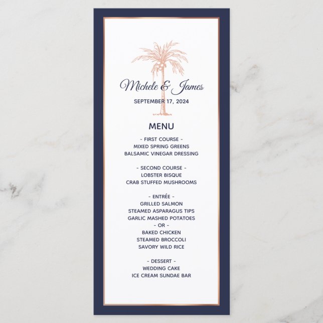 Hochzeit von Navy Blue Rose Gold Kupfer Palm Tree Menükarte (Vorderseite)