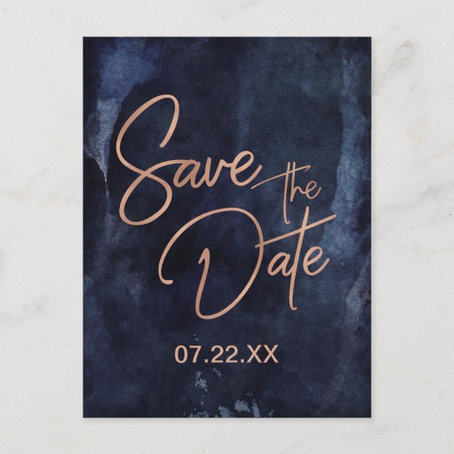 Hochzeit von Navy Blue & Rose Gold speichern das D Ankündigungspostkarte (Vorderseite)