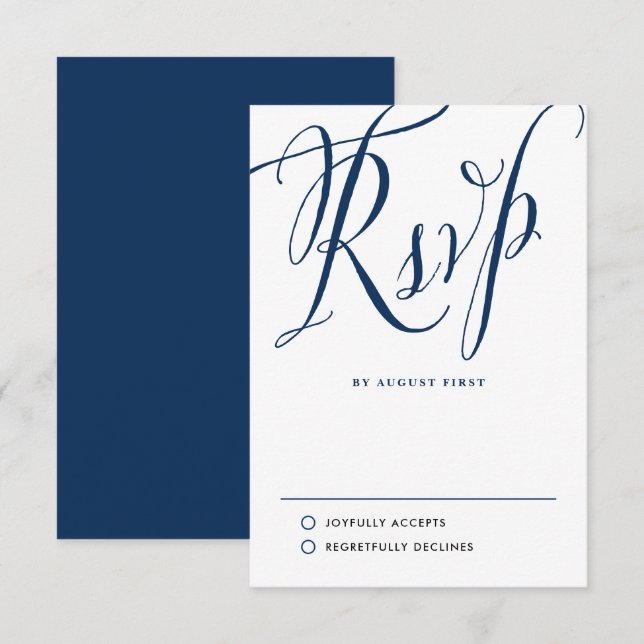 Hochzeit von Navy Blue Rustic Calligraphy RSVP Karte (Vorne/Hinten)