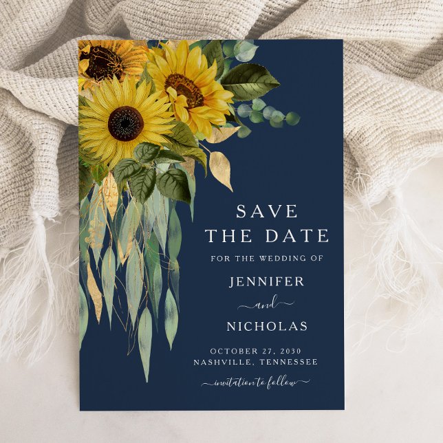 Hochzeit von Navy Blue Rustic Sunflower Save The Date (Navy Blue Sunflower Eucalyptus Wedding Save The Date)