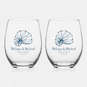 Hochzeit von Navy Blue Seashells Nautical / Coasta Weinglas Ohne Stiel