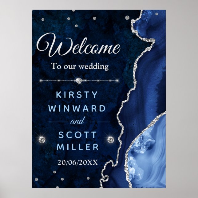 Hochzeit von Navy Blue & Silver Glitzer Agate & Ma Poster (Vorne)